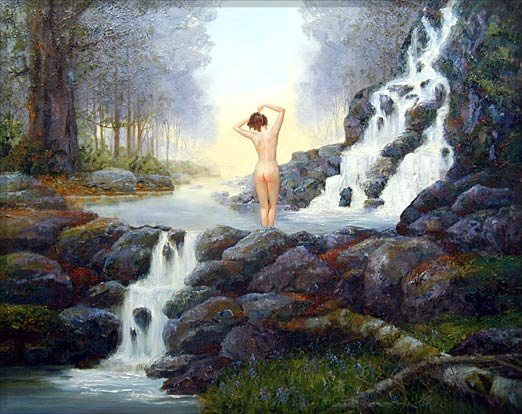 Nude. Woman bathing by waterfall. Bill Perring. D'Arcy Studios