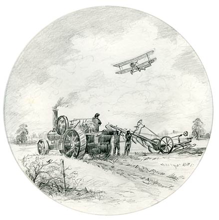 Traction engine, plough, and WW1 aircraft for a series of collectable plates